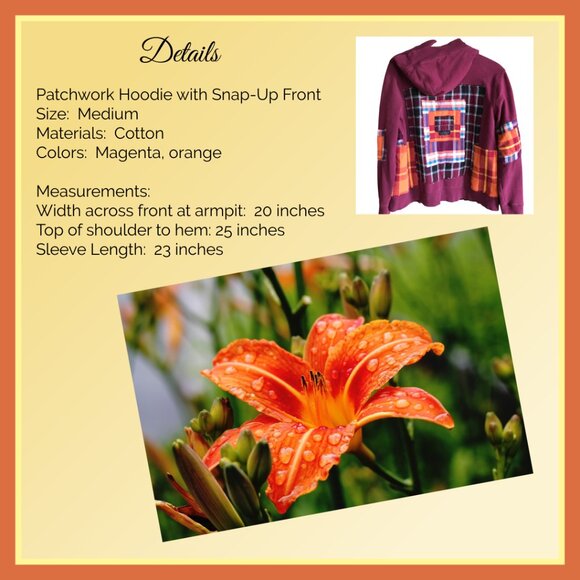 Upcycled Patchwork Hoodie, Size M: Magenta Boho Snap Front Jacket, Campus Grunge - Picture 6 of 17